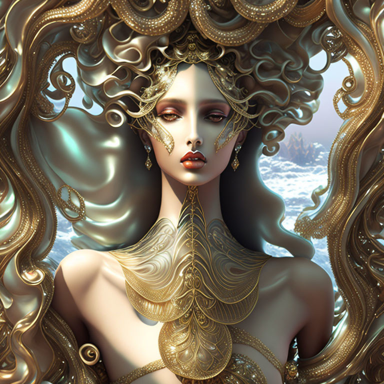 Woman's portrait with ornate gold jewelry, voluminous hair, and decorative mask against swirling clouds and