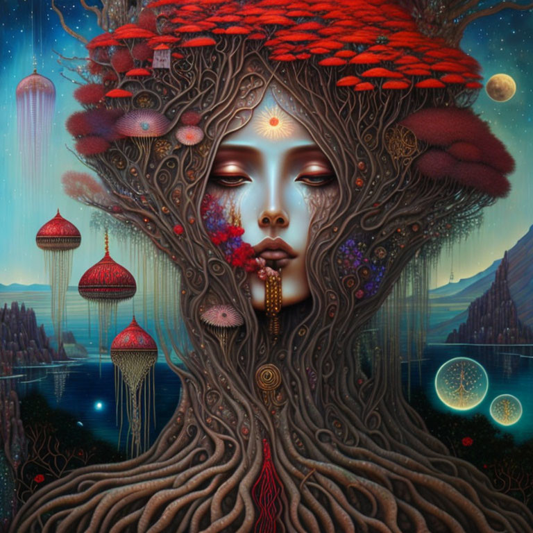 Illustration of woman-tree fusion under starry sky with jellyfish-like creatures above serene lake