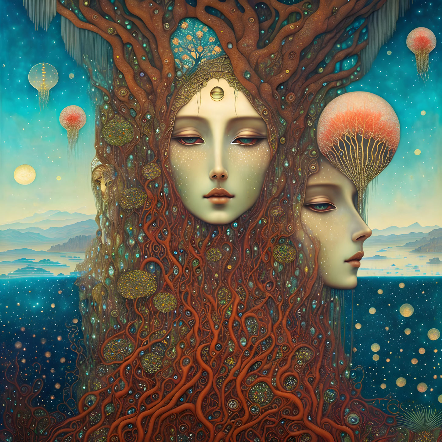 Surreal illustration: Faces merged with tree, intricate patterns, celestial bodies, floating jellyfish.