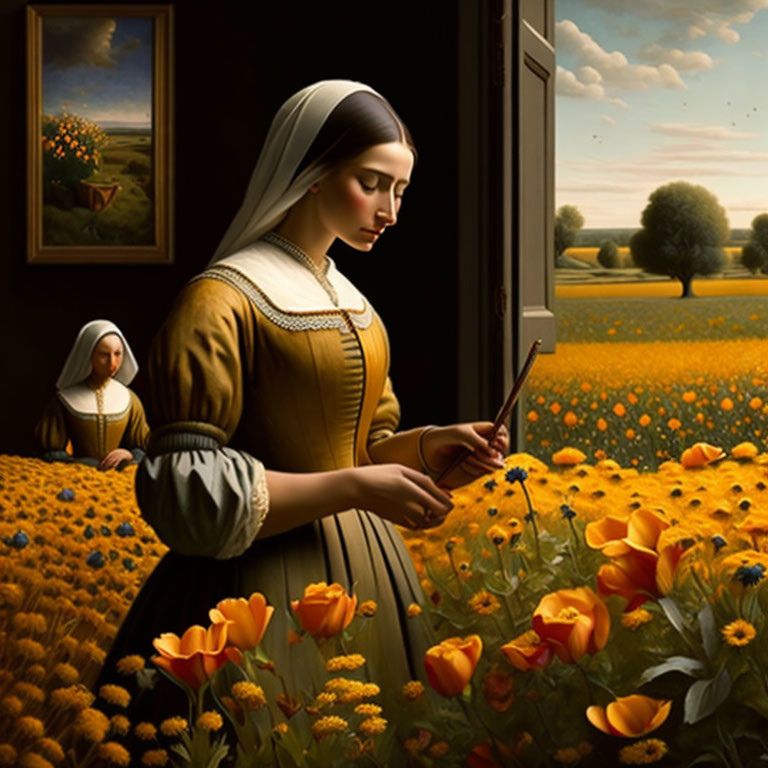 Woman in traditional dress painting in sunflower field with open window