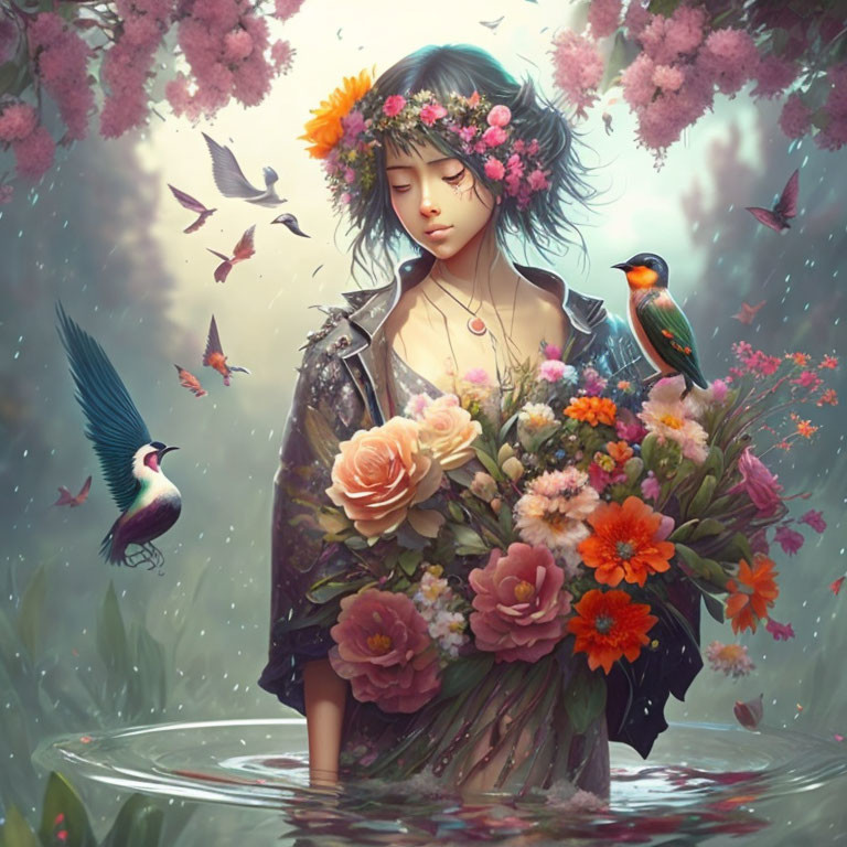 Illustration of Girl with Floral Crown and Birds in Blossoming Scene