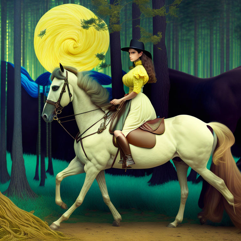 Woman in yellow dress on white horse in stylized forest with yellow swirl