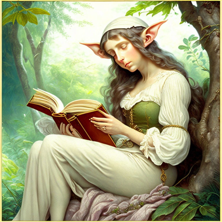 Pointy-eared elf in white and green dress reading book in sunlit forest