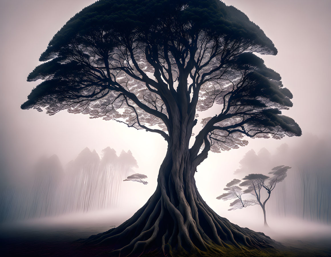 Majestic tree with intricate branches in misty forest