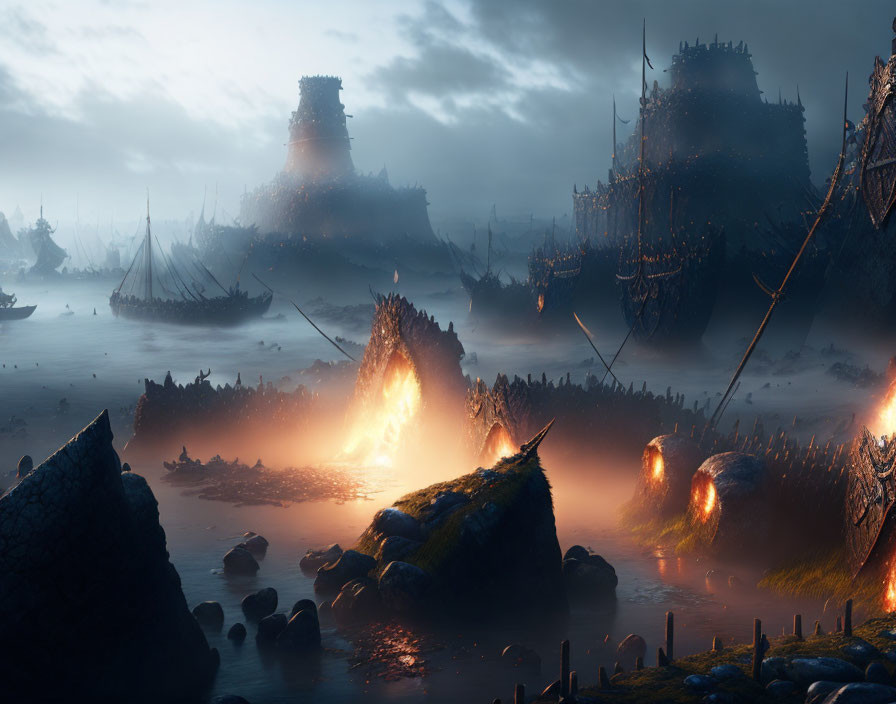 Mystical foggy seascape with medieval structures, ships, and fire-breathing dragon