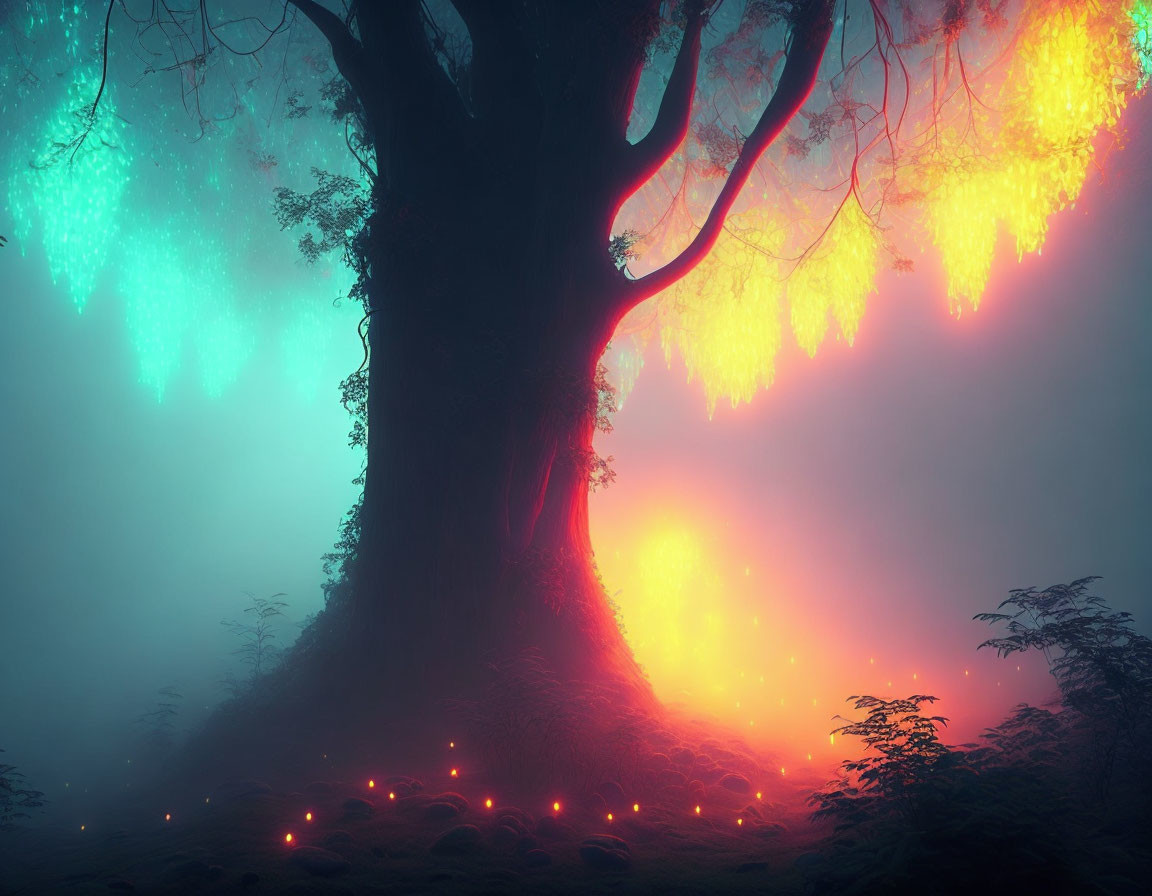 Enchanting tree in foggy forest with glowing orbs and colorful lights