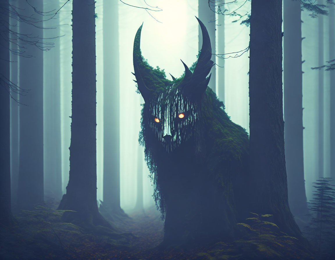 Sinister creature with glowing eyes and large horns in misty forest