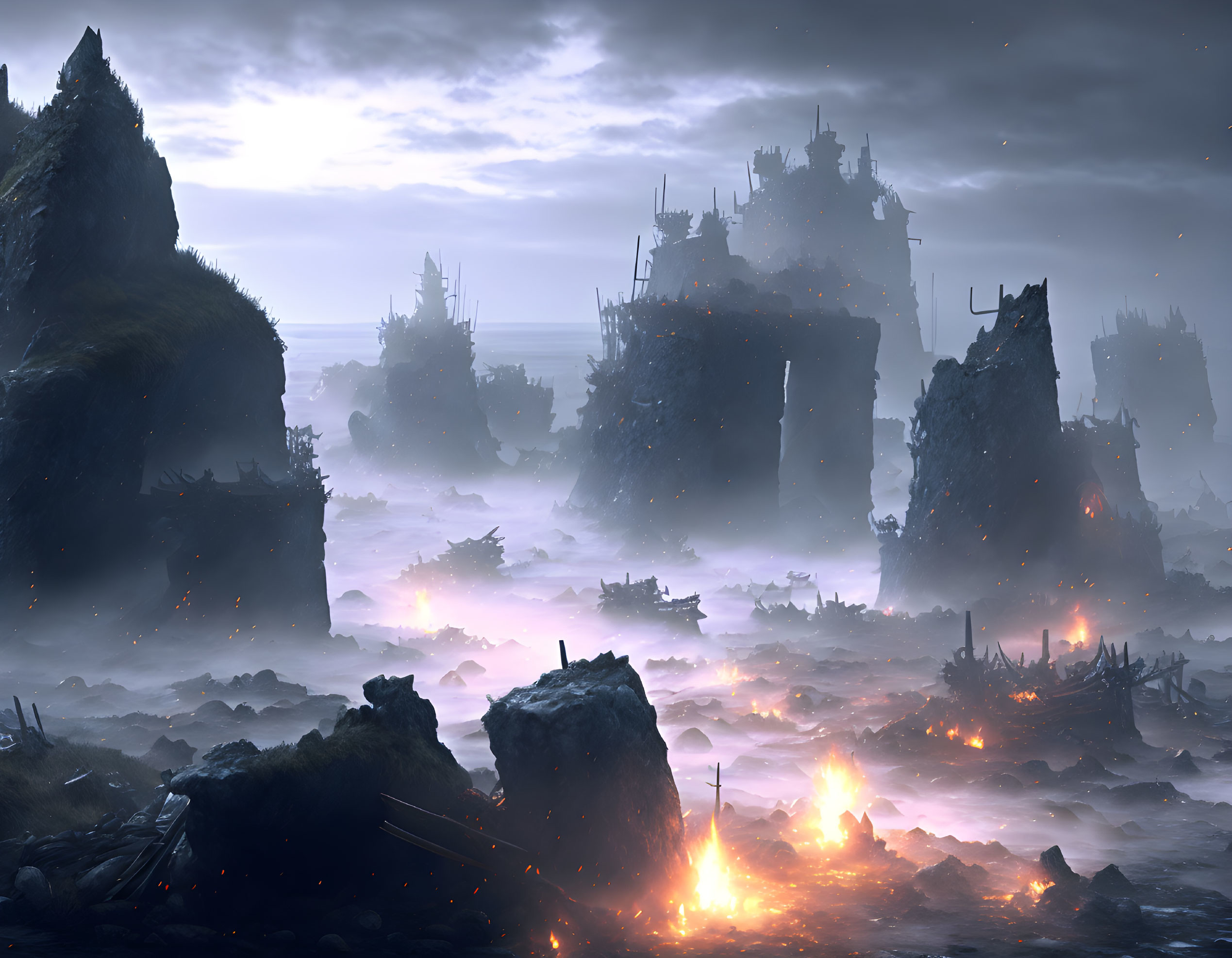 Misty twilight battlefield with ruins and glowing embers