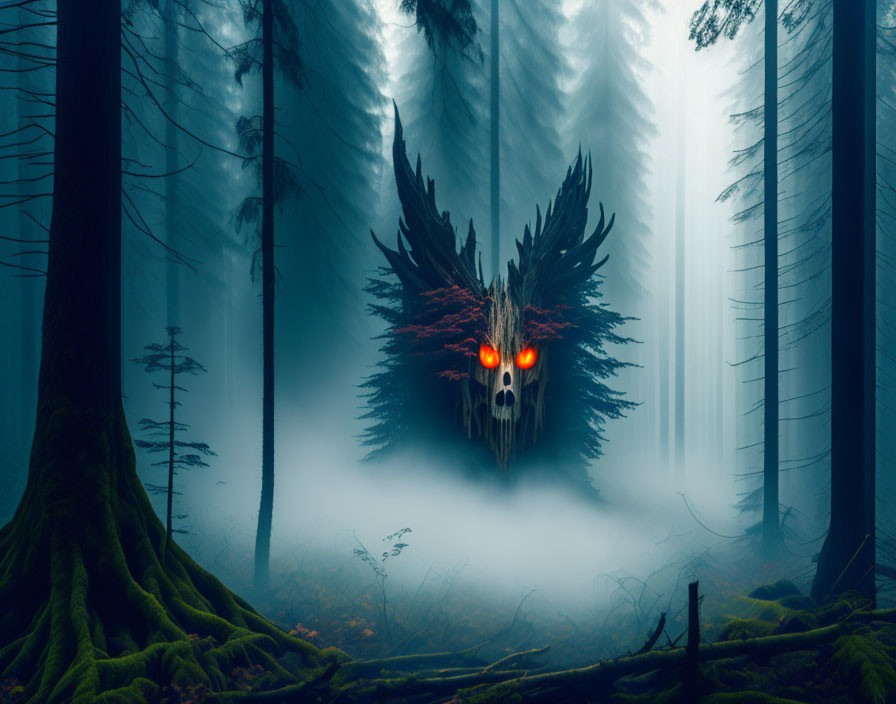 Eerie forest scene with glowing owl mask in foggy setting