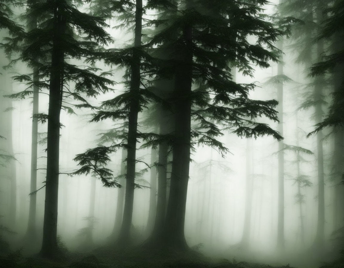 Enigmatic misty forest with tall shadowy trees