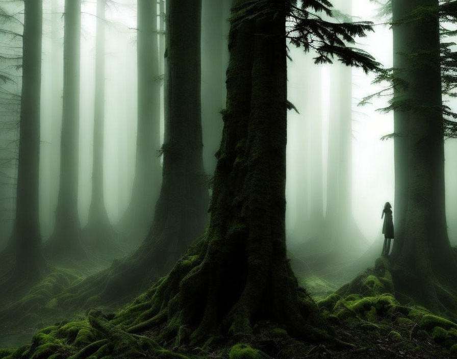 Ethereal forest scene with mist, towering trees, and green moss.