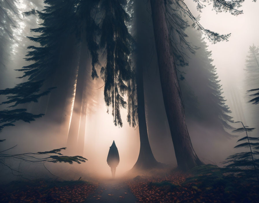 Enchanted forest with fog-covered trees and lone figure walking towards glowing clearing