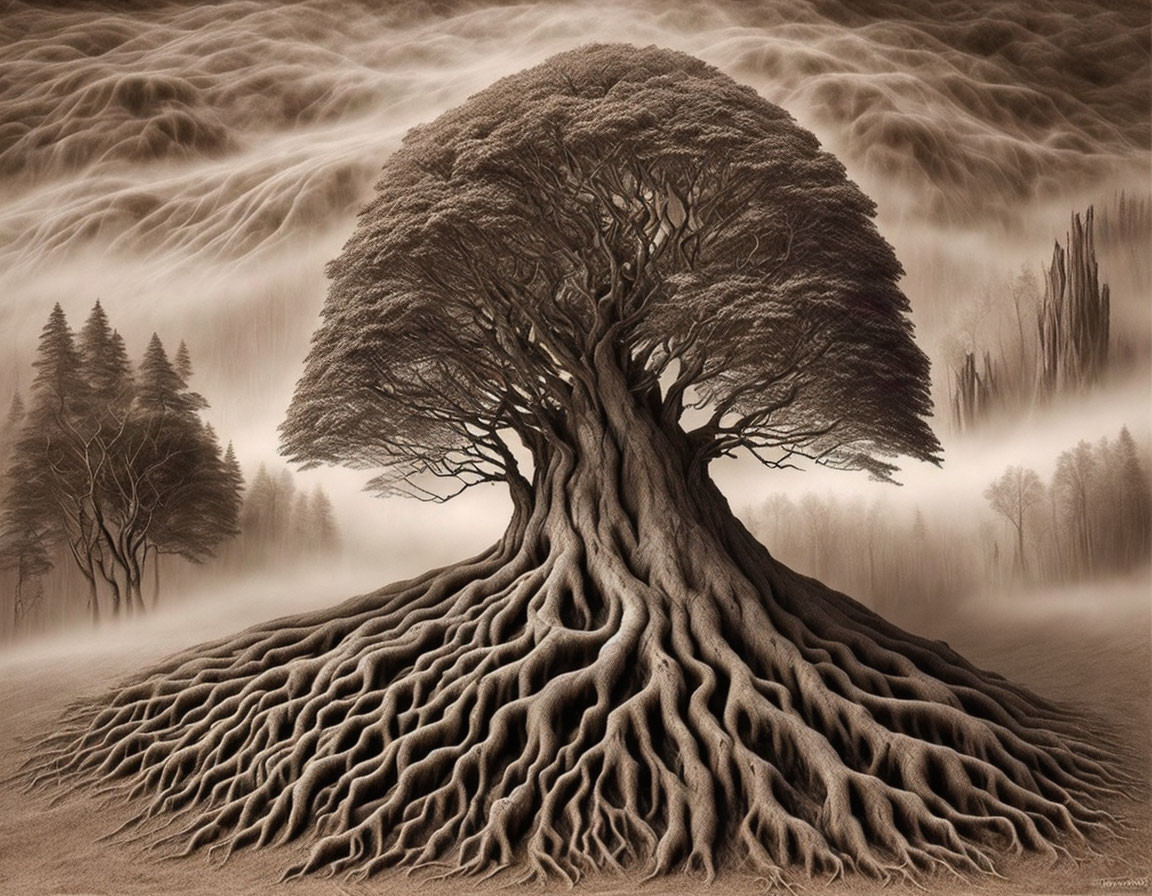 Massive tree with extensive roots in misty landscape under sky with cloud-like waves