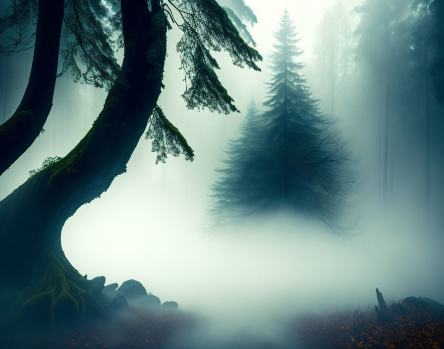 Foggy forest scene with prominent trees and ethereal light