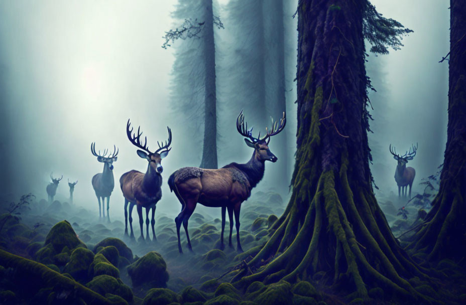 Enchanting foggy forest with deer, mossy ground, and tall trees in soft light