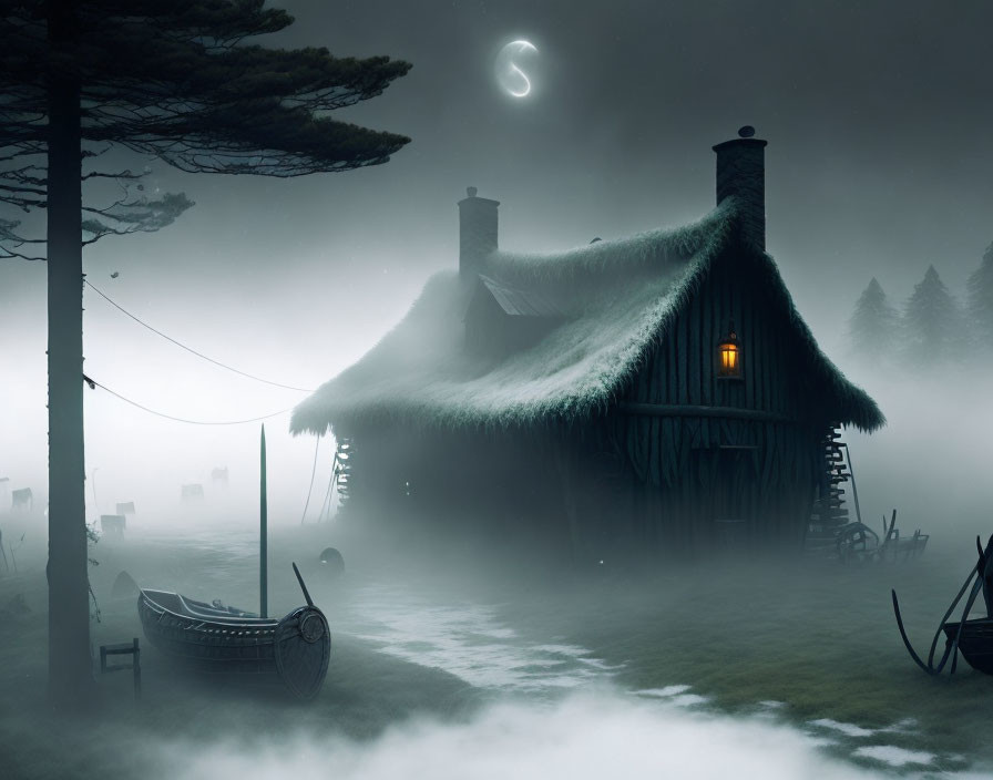 Thatched-Roof Cottage in Fog with Glowing Window, Moon, Tree, and Boat