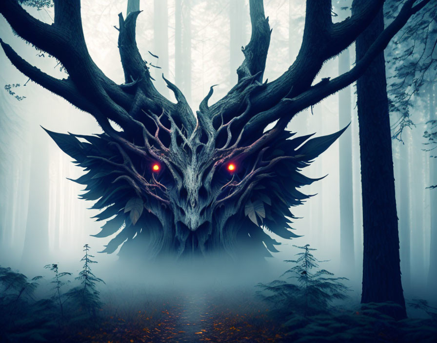 Mystical tree with dragon-like face in foggy forest