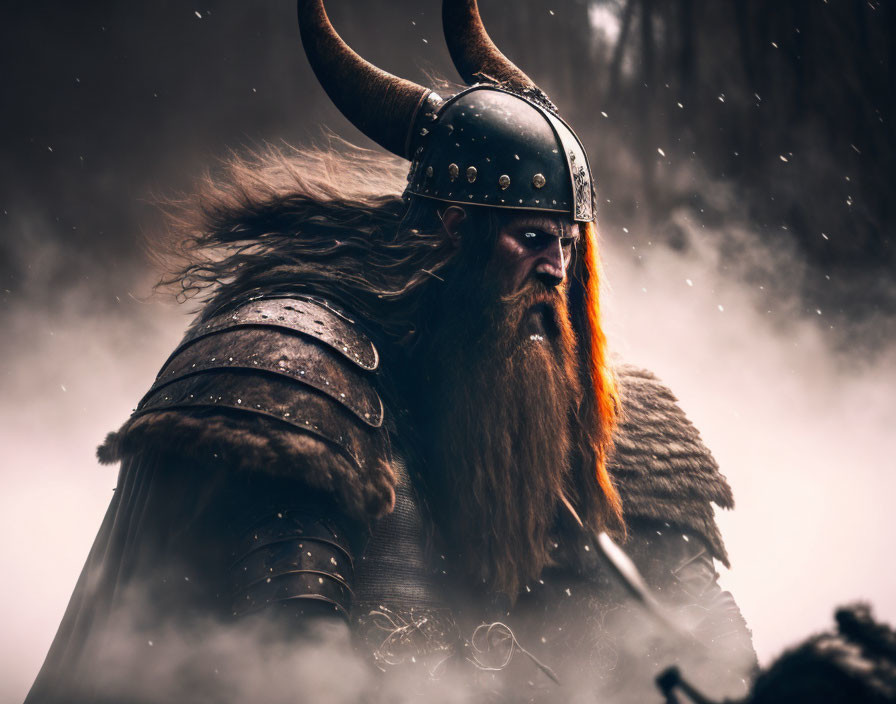 Viking warrior with orange beard in horned helmet and fur armor in misty snowfall