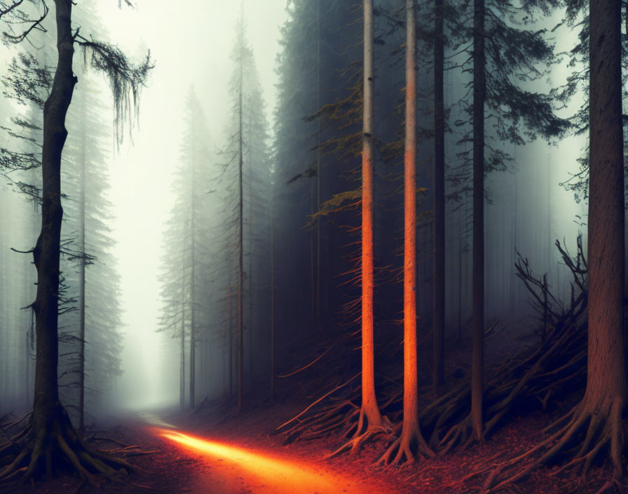 Enigmatic foggy forest with tall trees and red light path