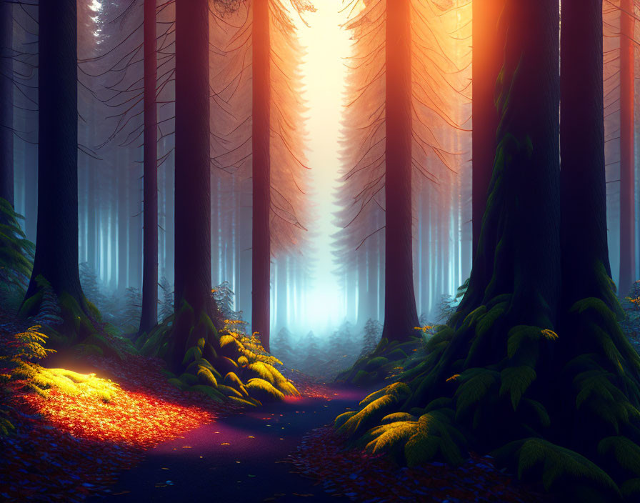 Sunlit forest path with fog, ferns, red leaves, tall trees