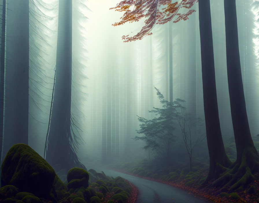 Enigmatic foggy forest with towering trees and winding path