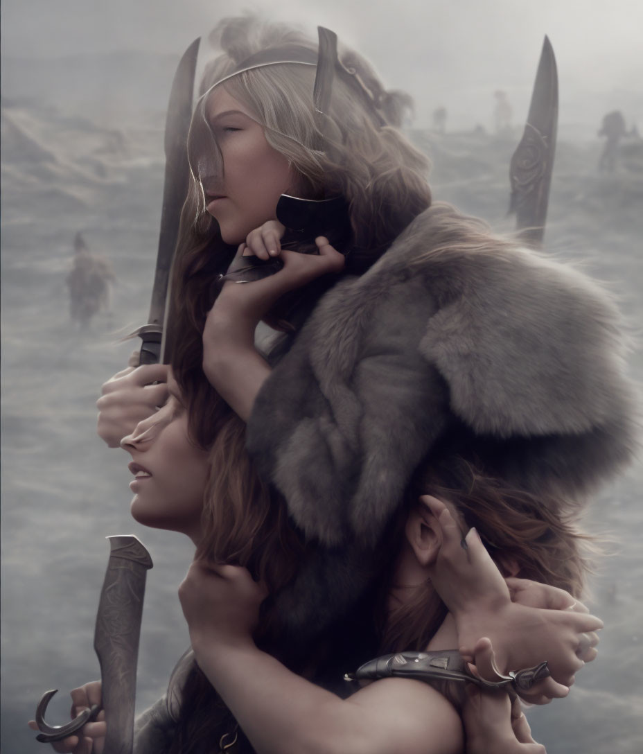 Female warriors embrace in a battlefield scene with fur cloak and axe