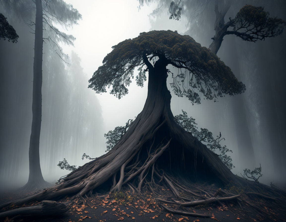 Majestic tree with sprawling roots in misty forest