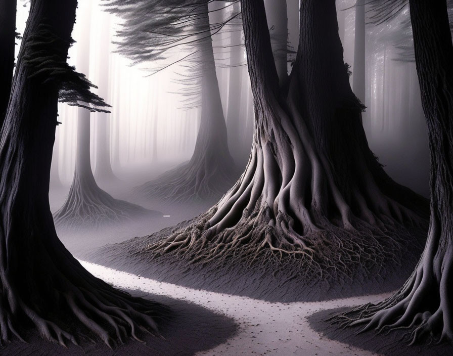 Mystical fog-shrouded forest with towering trees and roots