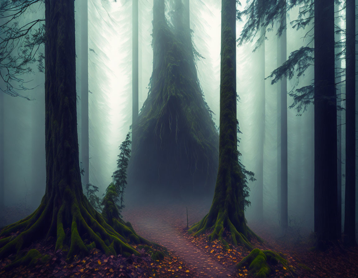 Misty forest path through large trees and greenery