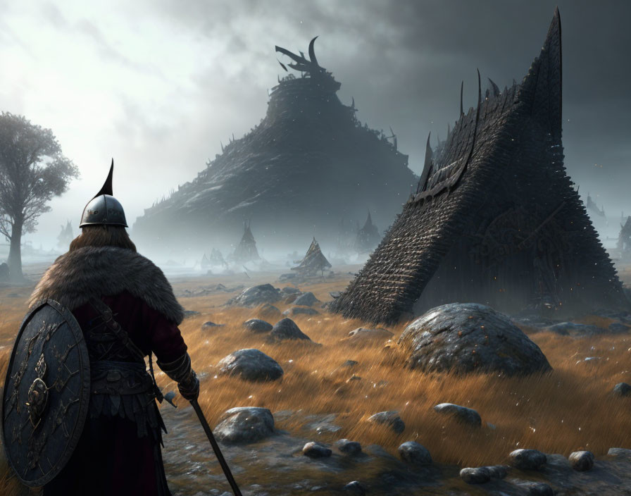 Warrior in helmet and cloak at dark fortress in desolate landscape