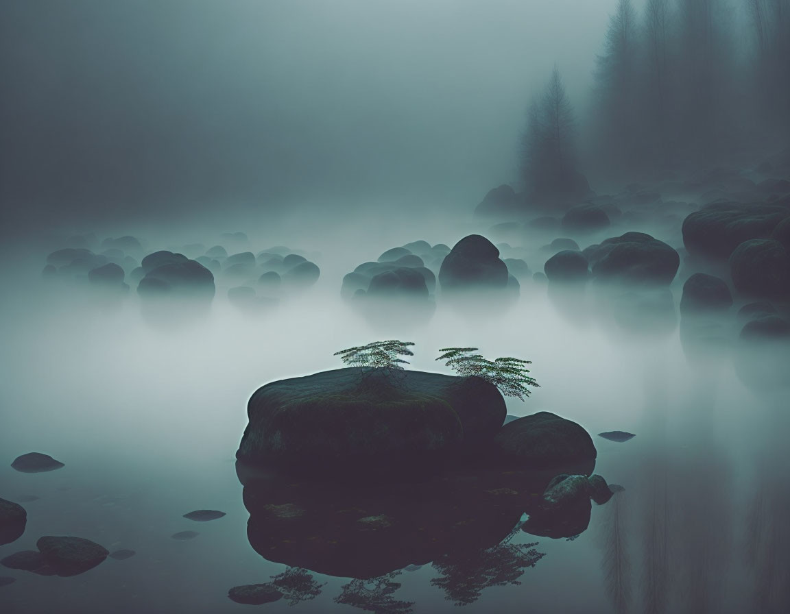 Tranquil misty landscape with fog-covered water and rocks