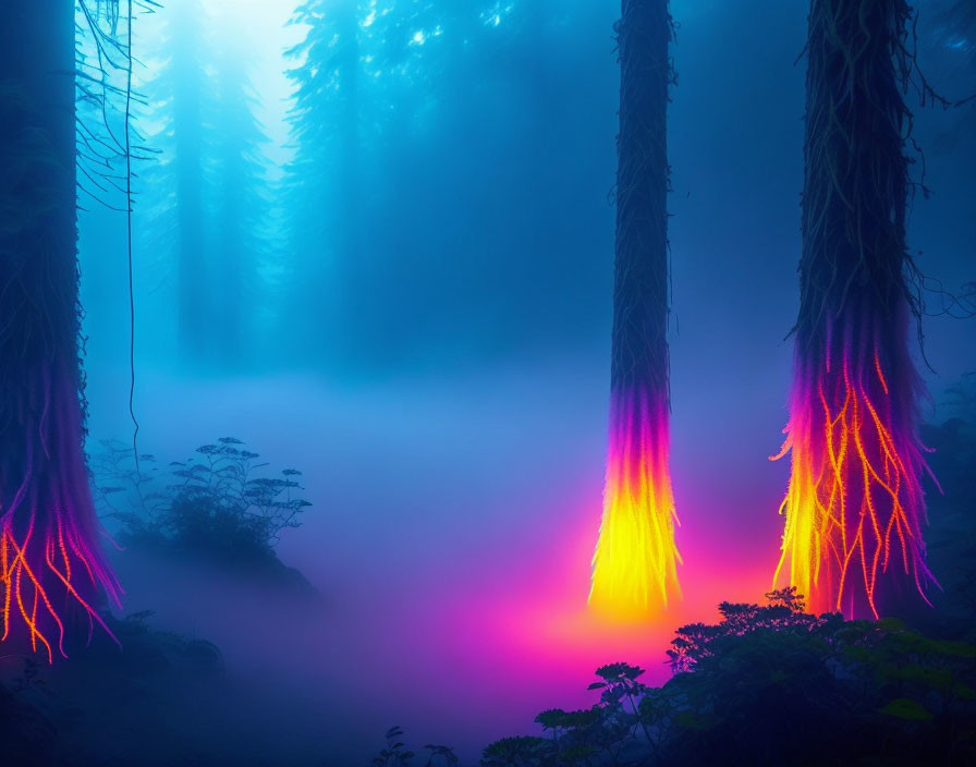 Enchanting forest scene with pink and blue lights in foggy setting