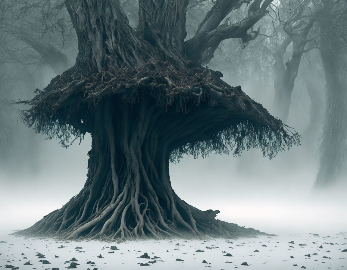 Majestic tree with exposed roots in misty forest