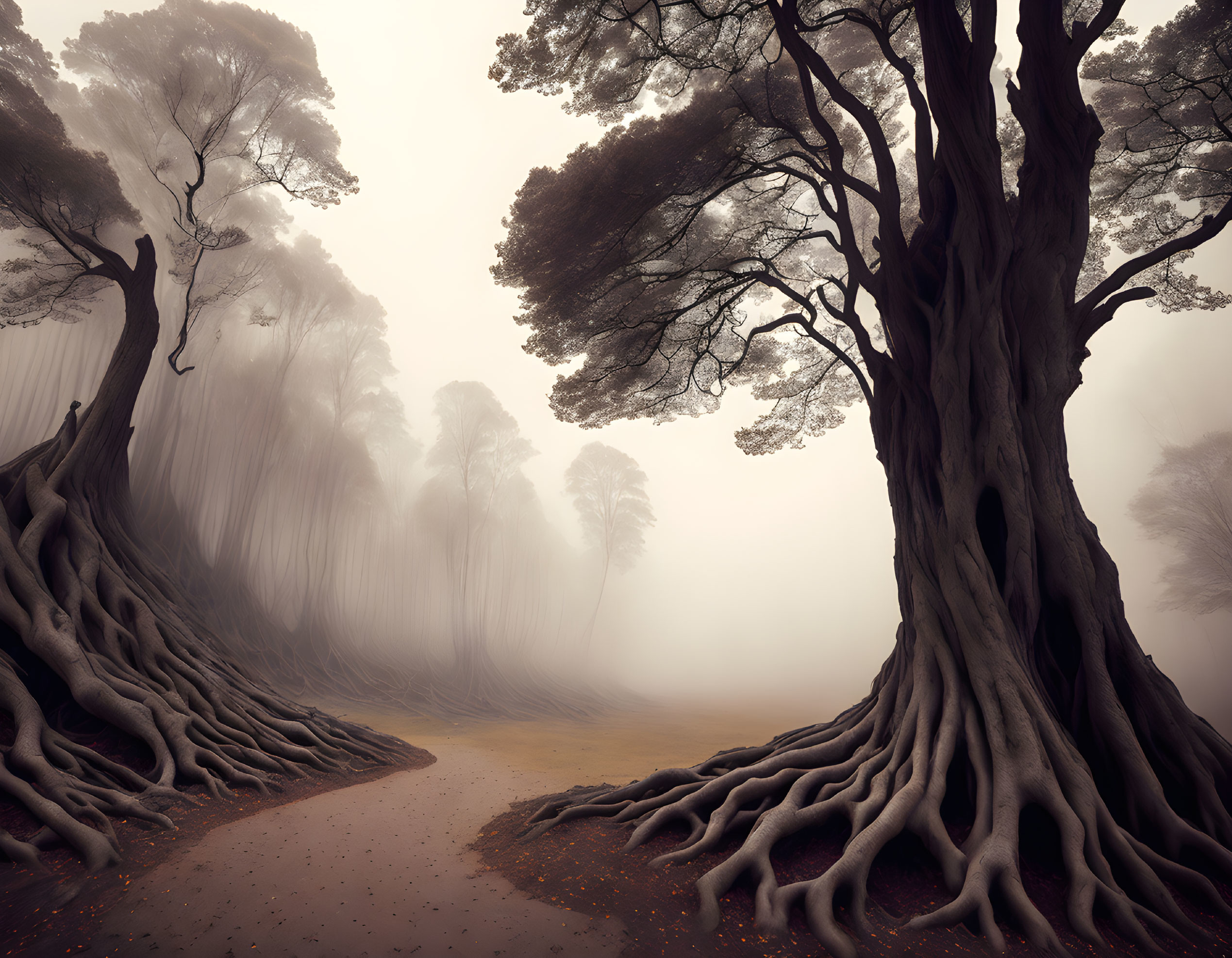 Enchanting foggy forest with winding path and towering trees