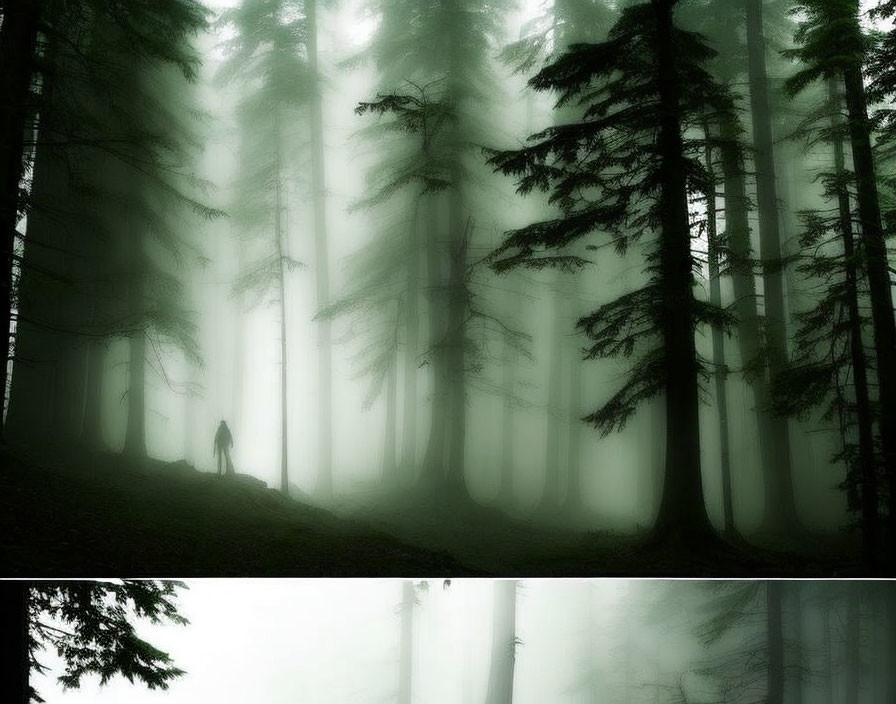 Solitary figure in misty forest with towering trees