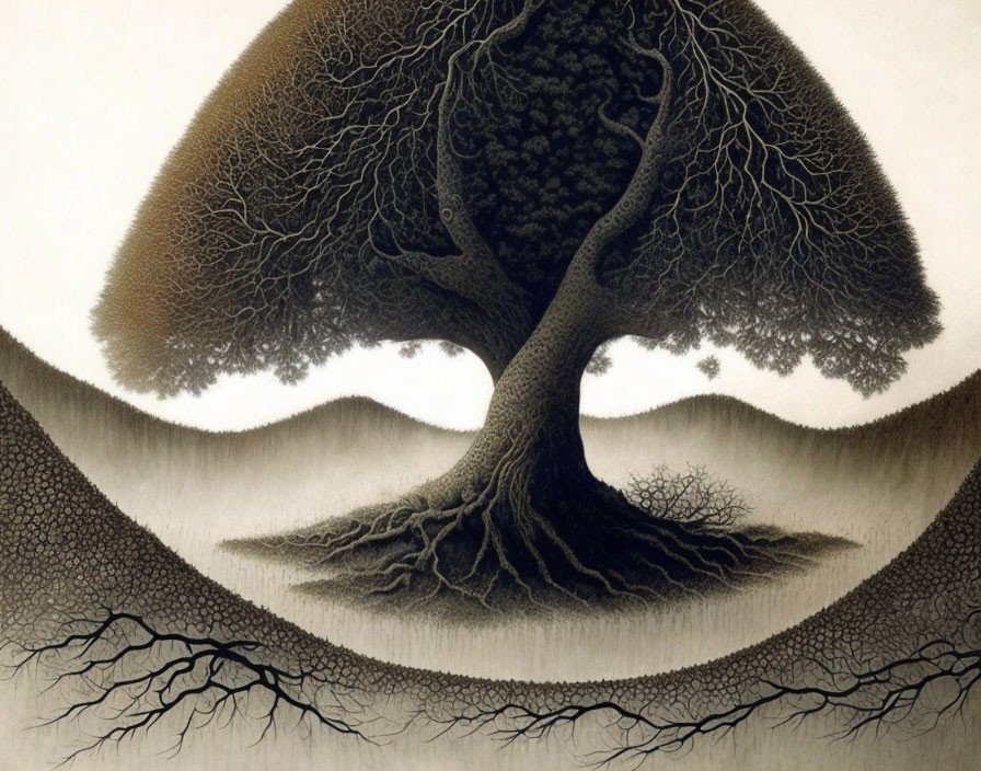 Tree roots merging into human brain silhouette symbolizing thought growth.