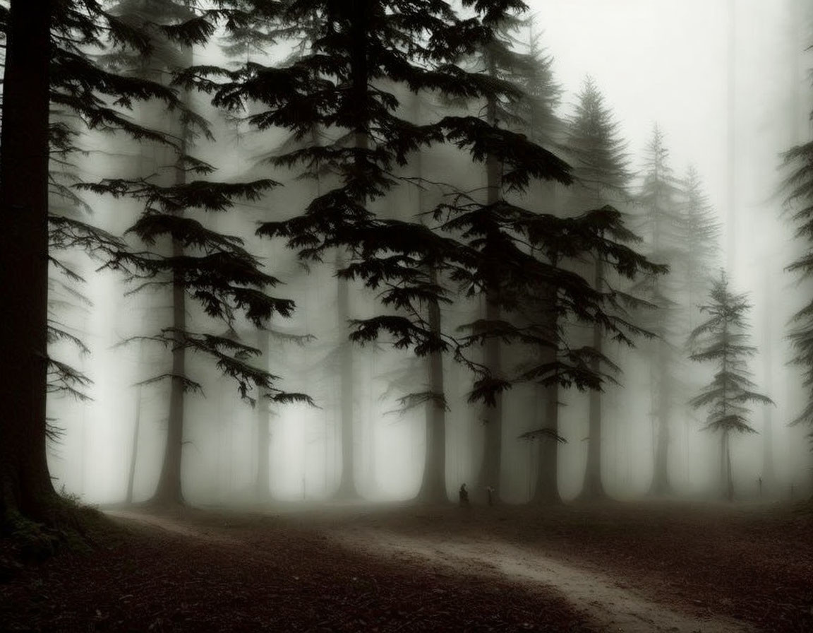 Misty forest with towering trees and small figure on path