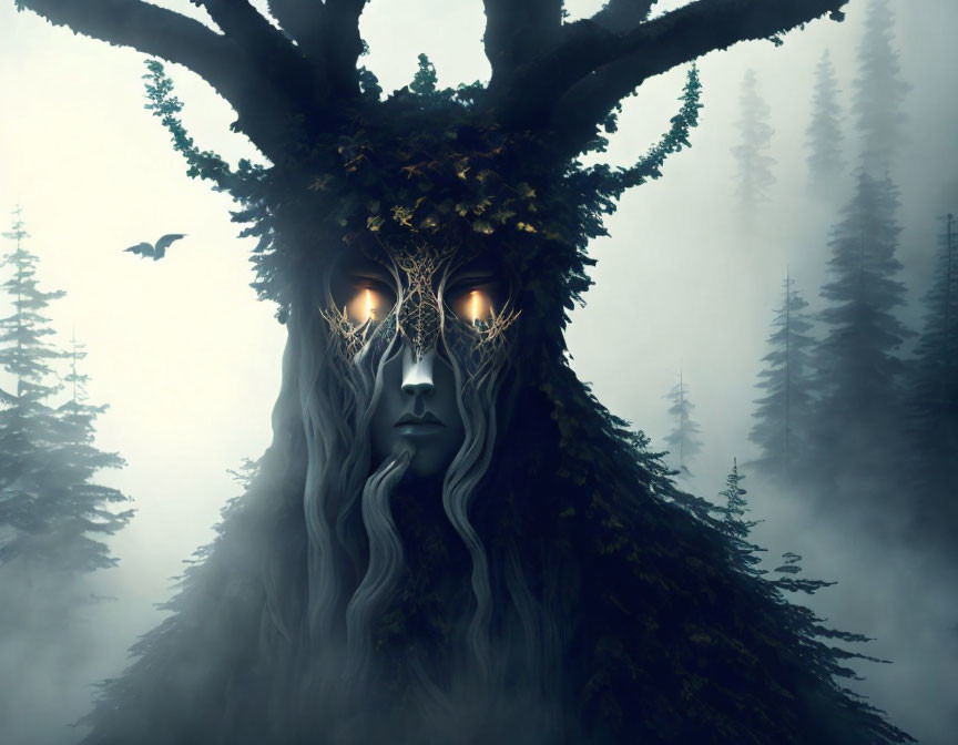 Mystical ent-like figure with glowing eyes in foggy forest setting