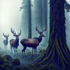 Enchanting foggy forest with deer, mossy ground, and tall trees in soft light