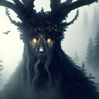 Mystical ent-like figure with glowing eyes in foggy forest setting