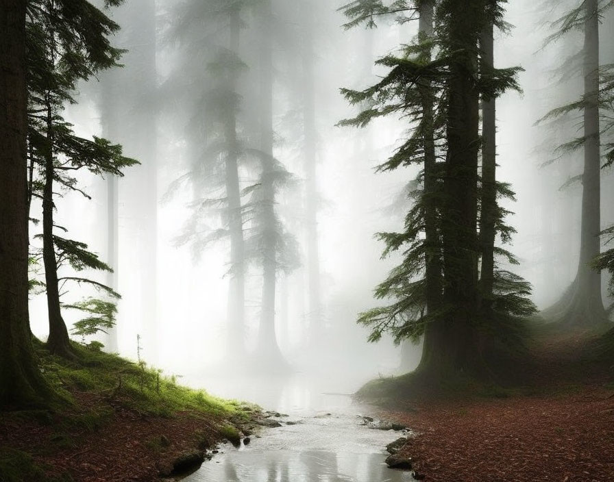 Tranquil forest landscape with misty trees and gentle stream