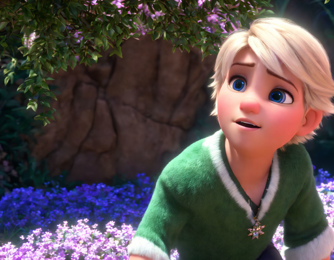 Blonde Hair Blue Eyes Animated Character in Green Sweater Amidst Purple Flowers