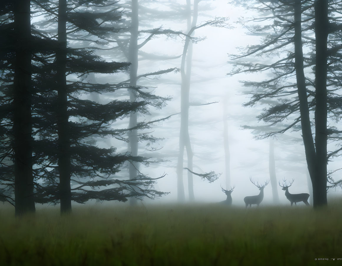 Forest landscape with tall trees and three deer silhouettes.