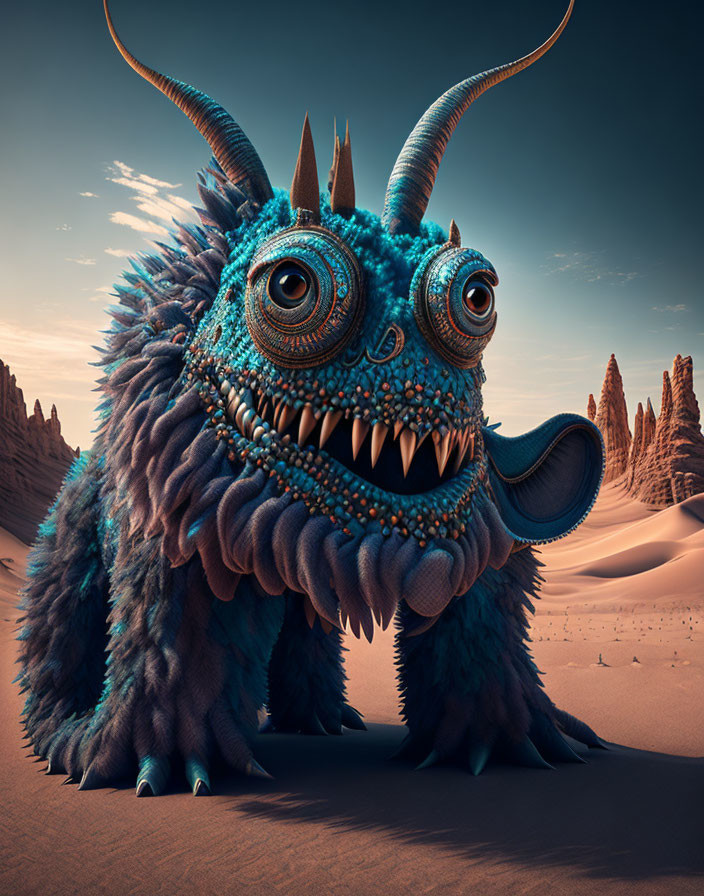 Blue furry creature with horns in desert landscape.