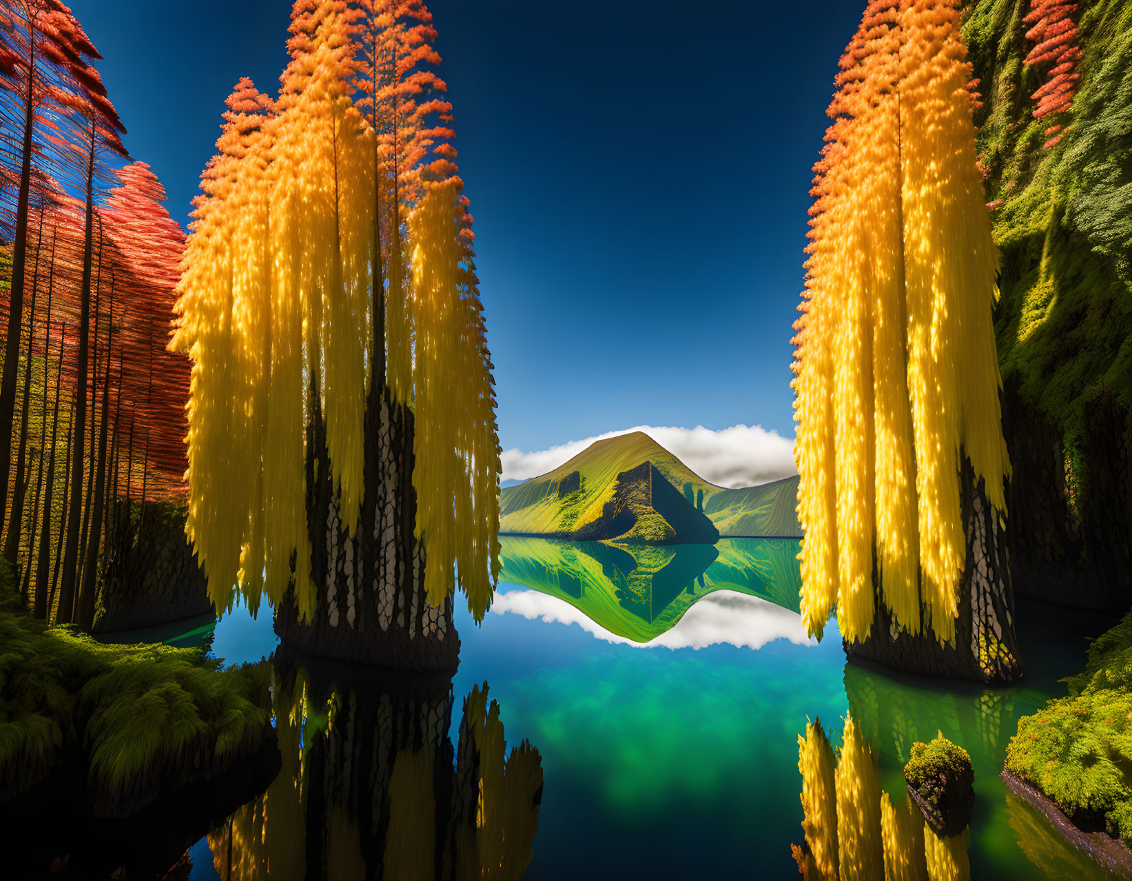 Colorful wisteria frames serene lake, mirrored mountain view, blue sky.