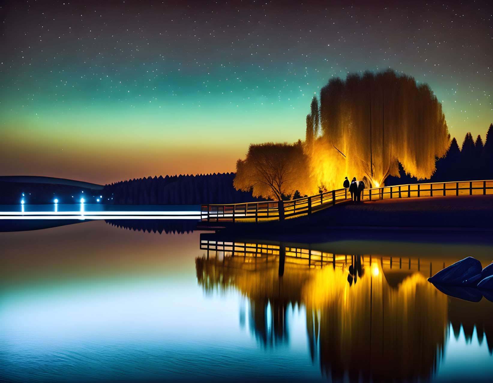 Tranquil night scene by a lake with starry sky and silhouettes under a tree