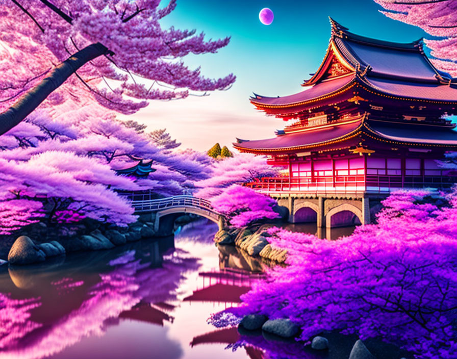 Japanese Temple with Red Bridge and Cherry Blossoms in Pink and Purple Scene