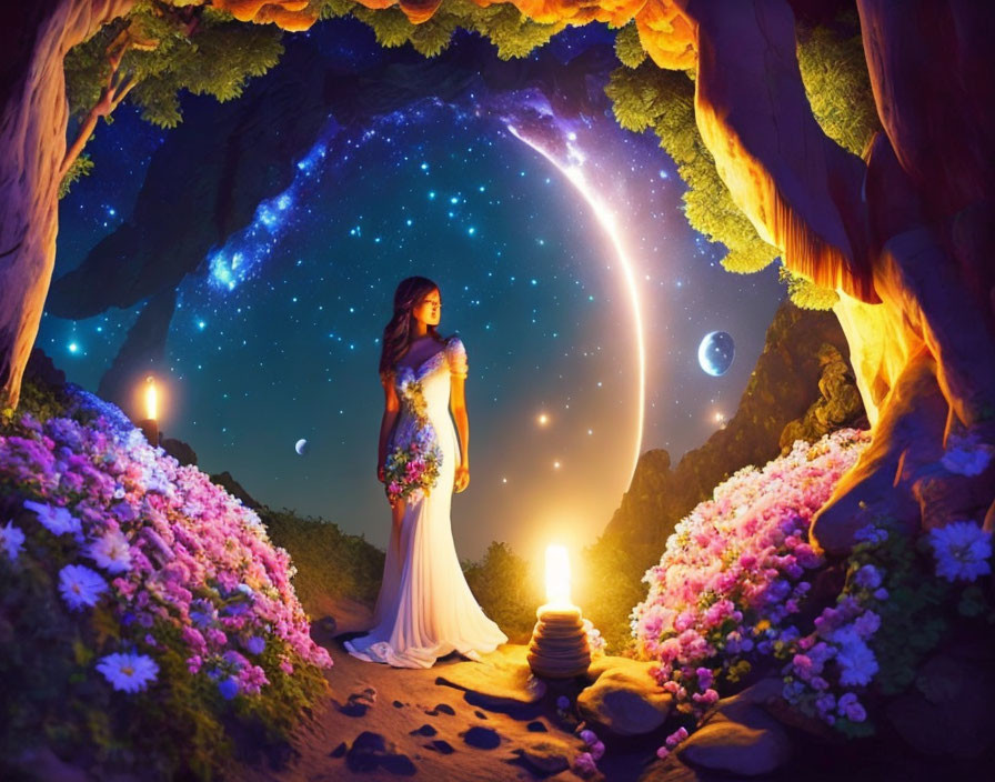 Woman in white dress at cave entrance under starry sky with planets and candles