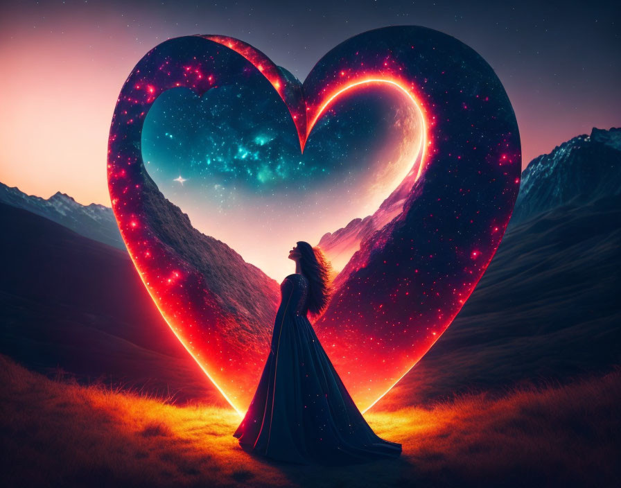 Woman in long dress before large heart-shaped cosmic portal in twilight landscape.