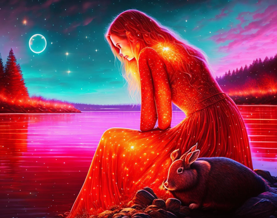 Woman in Red Dress by Lake at Twilight with Crescent Moon and Rabbit